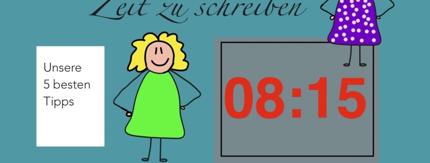 Symbolbild_Zwei gezeichnete Frauen sind zu sehen, die anhand einer Uhr versuchen, Zeit zu schreiben organisieren. Dafür gibts 5 Tipps.