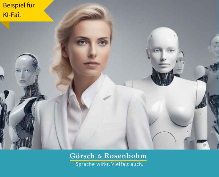 Wir haben von der KI ein Bild generieren lassen. Thema: Gendern mit künstlicher Intelligenz. Herauskam: Ein weiblich anmutender Roboter, sehr schlank, sehr blond, weiß – krass, wie diskriminierend die KI arbeitet.